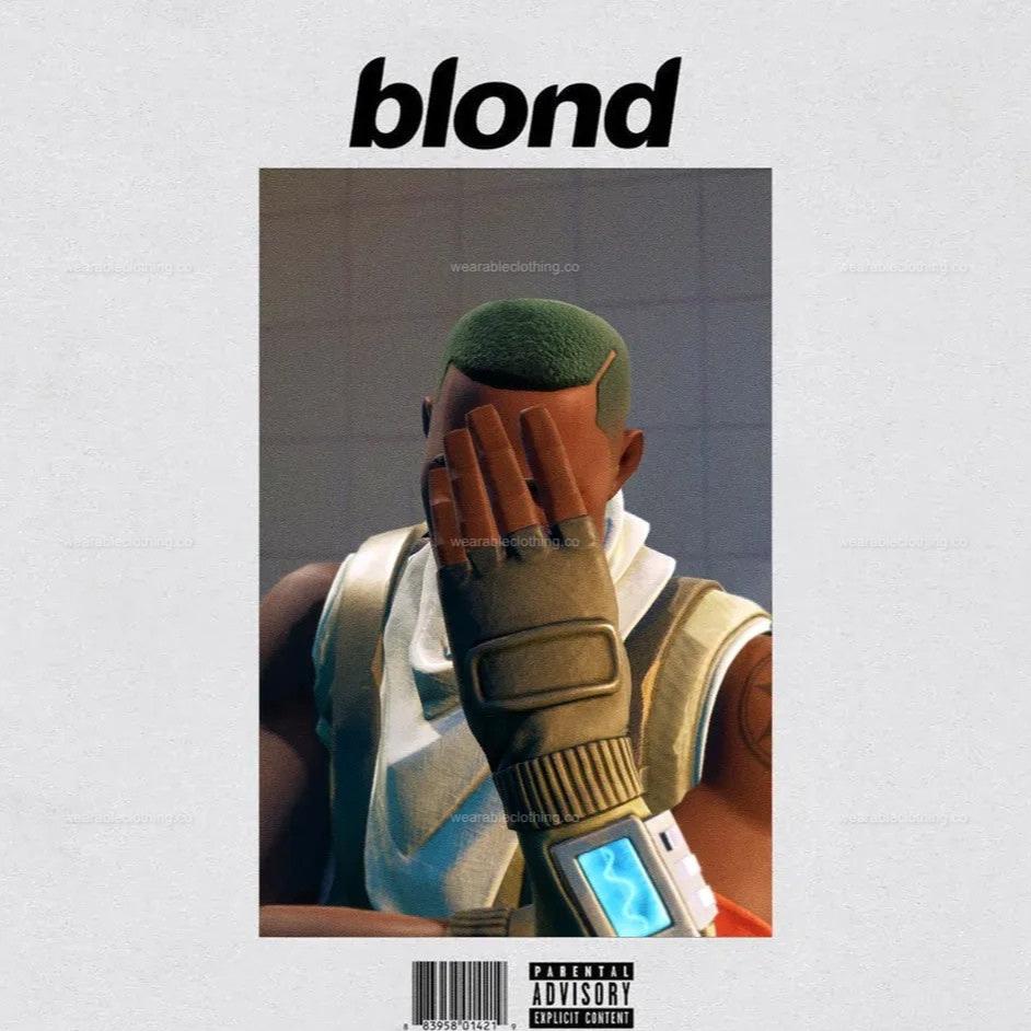 Black T-shirt with Fortnite's default character Sydney replacing Frank Ocean on the iconic Blond album cover.