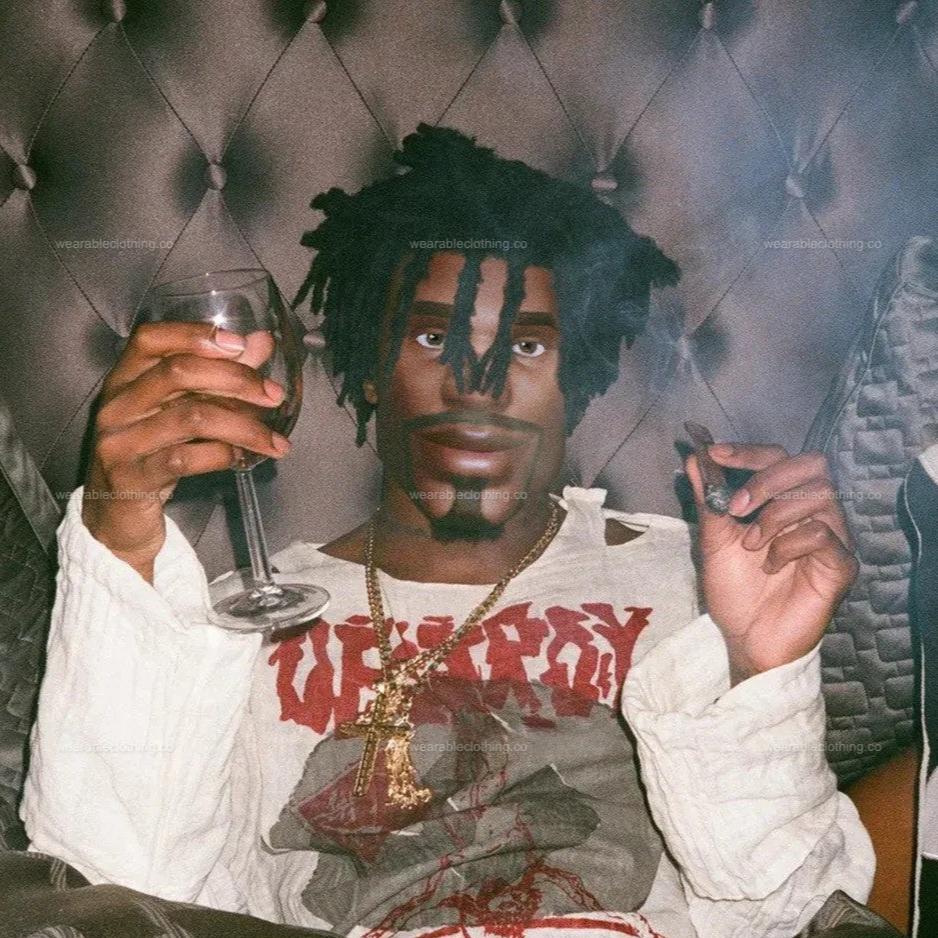 Graphic of Fortnite’s Sydney character replacing Playboi Carti in a photo, holding a blunt and a drink.