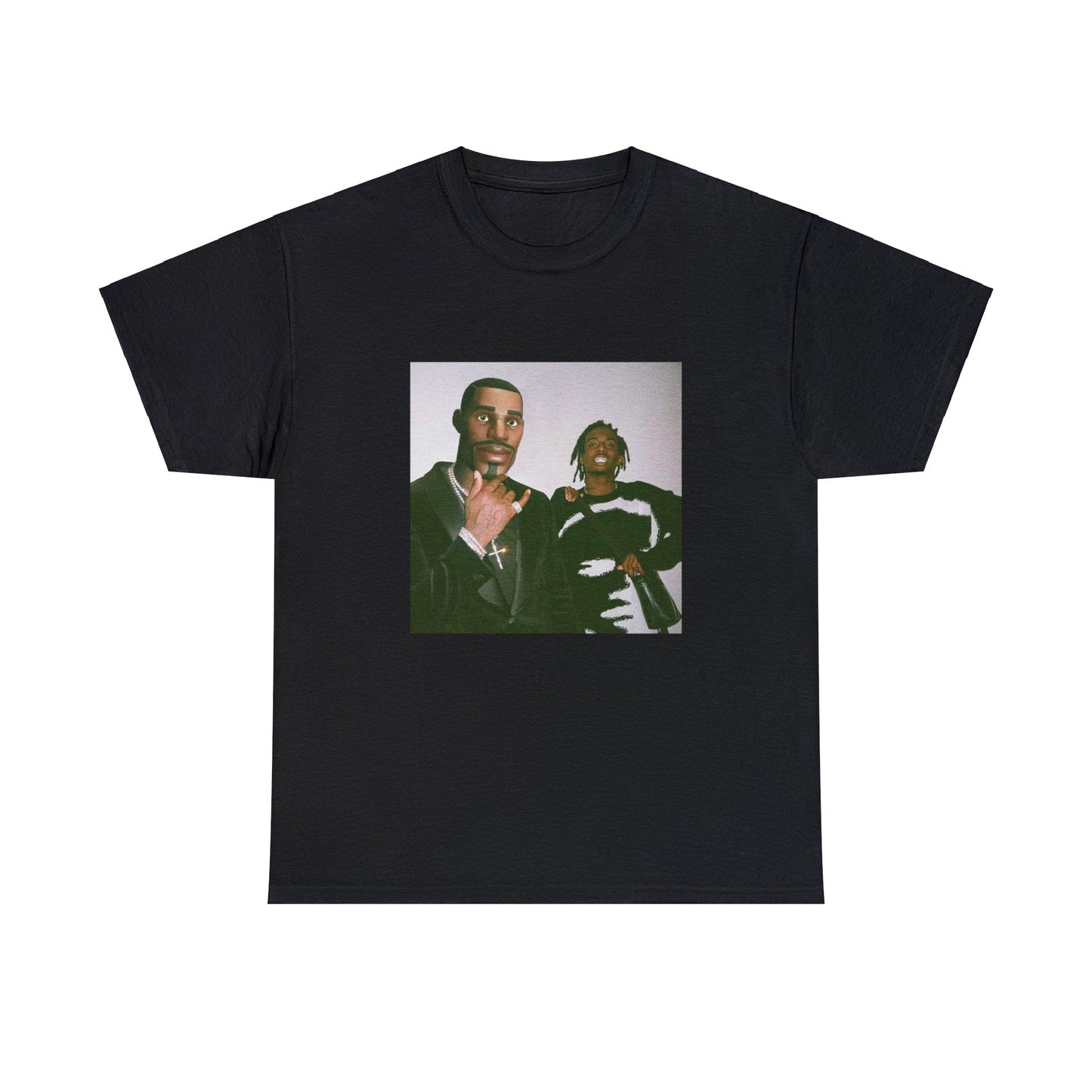 Black T-shirt design featuring Fortnite’s Sydney character standing beside Playboi Carti.