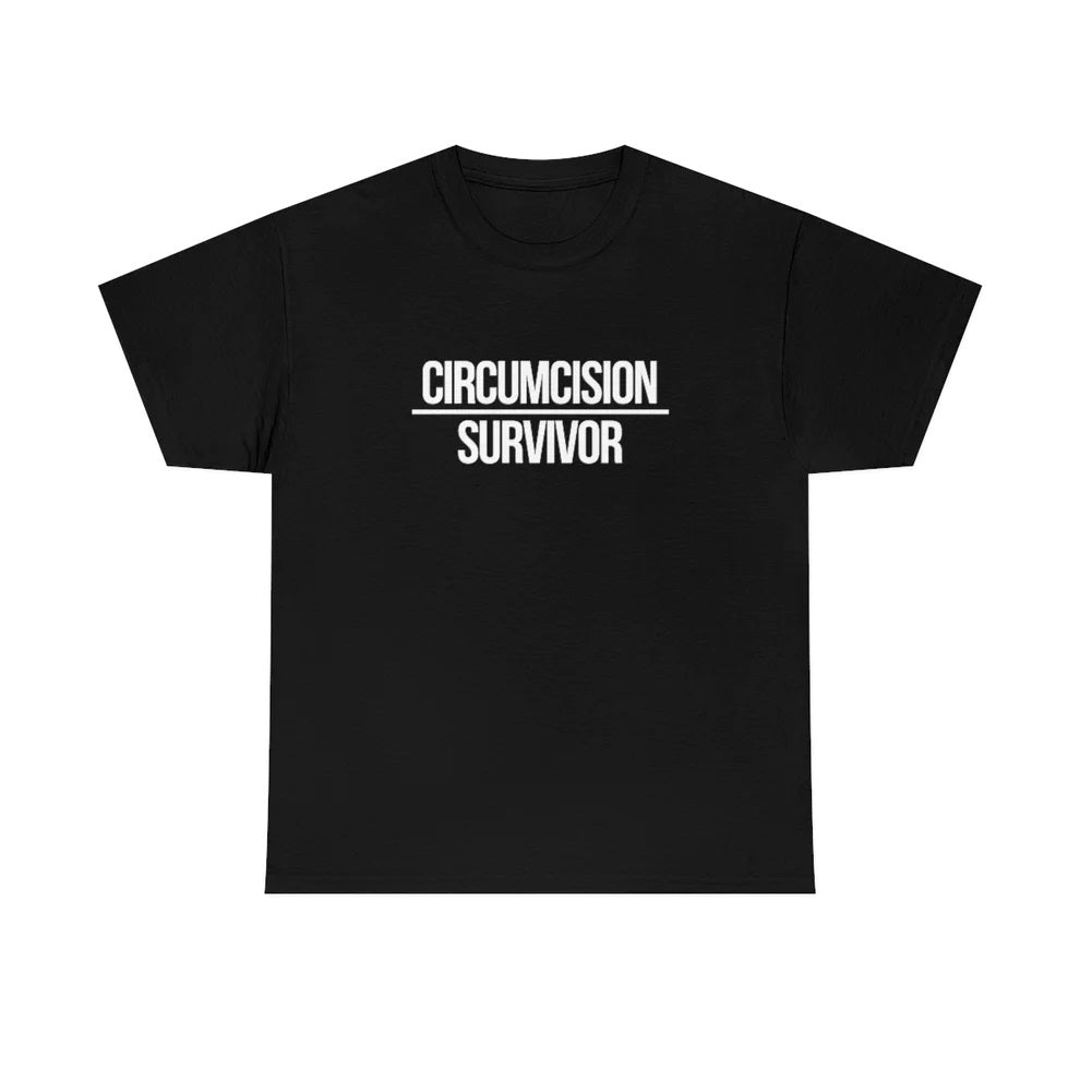 Black T-shirt design featuring bold text saying 'Circumcision Survivor'.