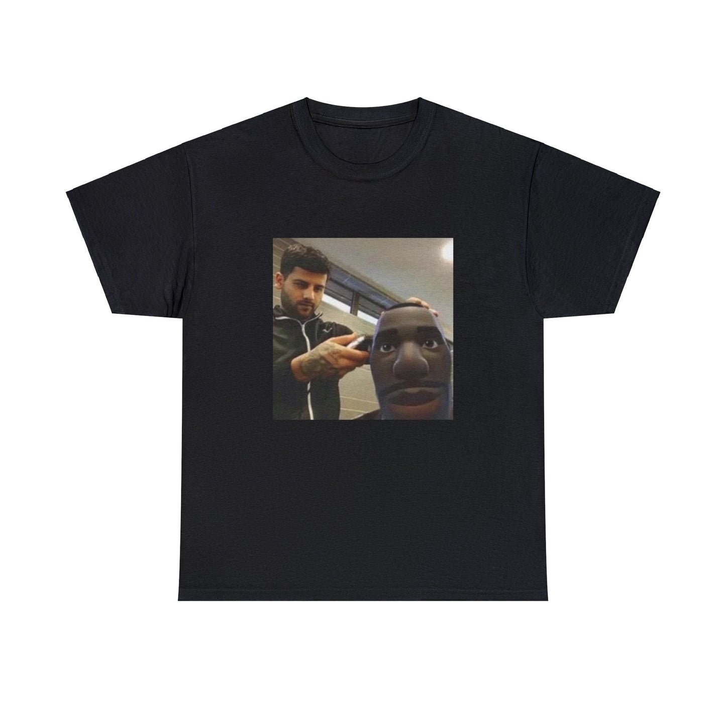 Black T-shirt with Fortnite’s default character Sydney getting a haircut