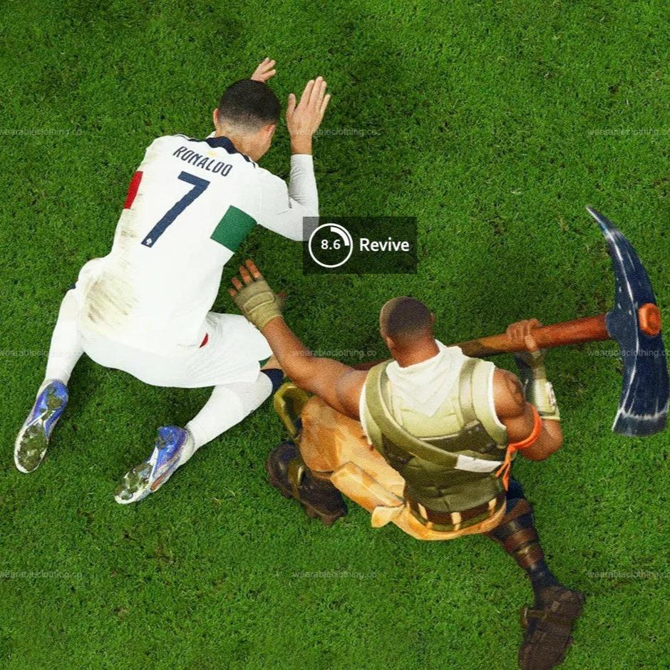 Black T-shirt design with Fortnite’s Sydney character reviving Cristiano Ronaldo after he got two hundred pumped.