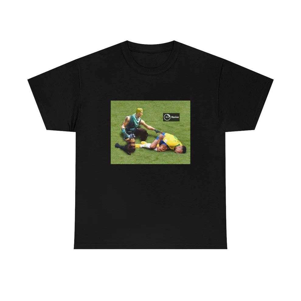 Black T-shirt with Fortnite’s default character Jonesy reviving Neymar.