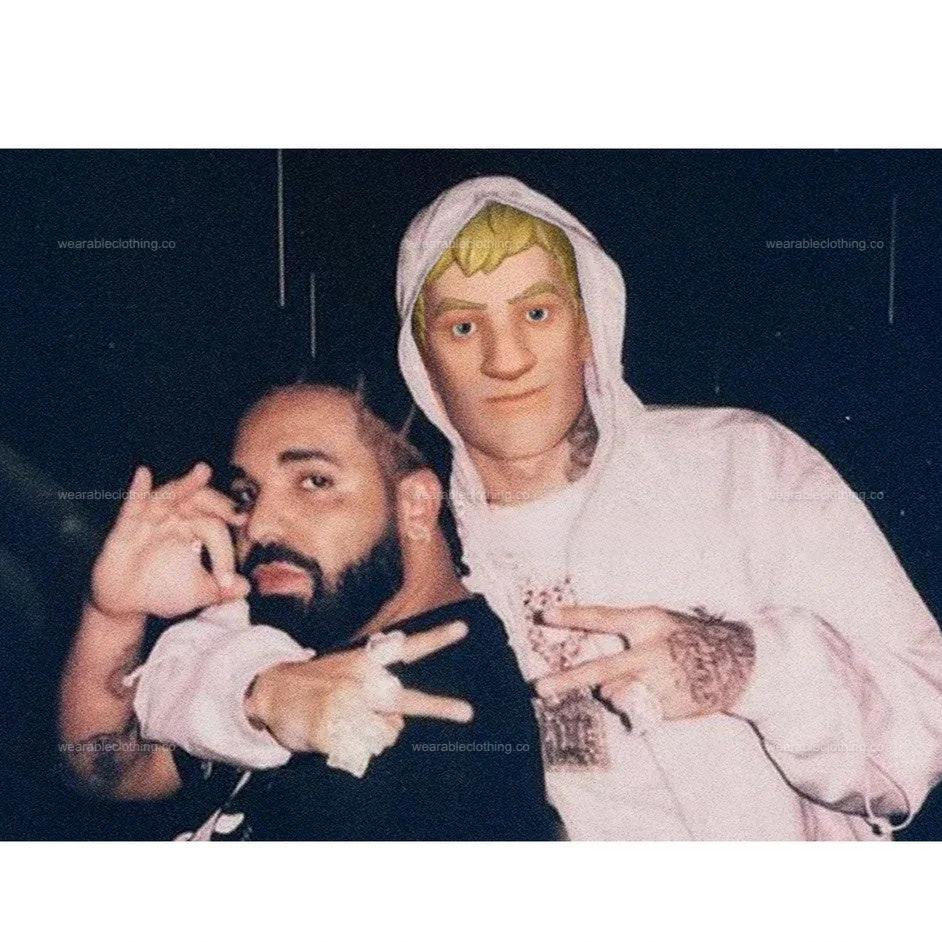 T-shirt design with Fortnite’s default character Jonesy replacing Central Cee, hugging Drake while posing to take a picture