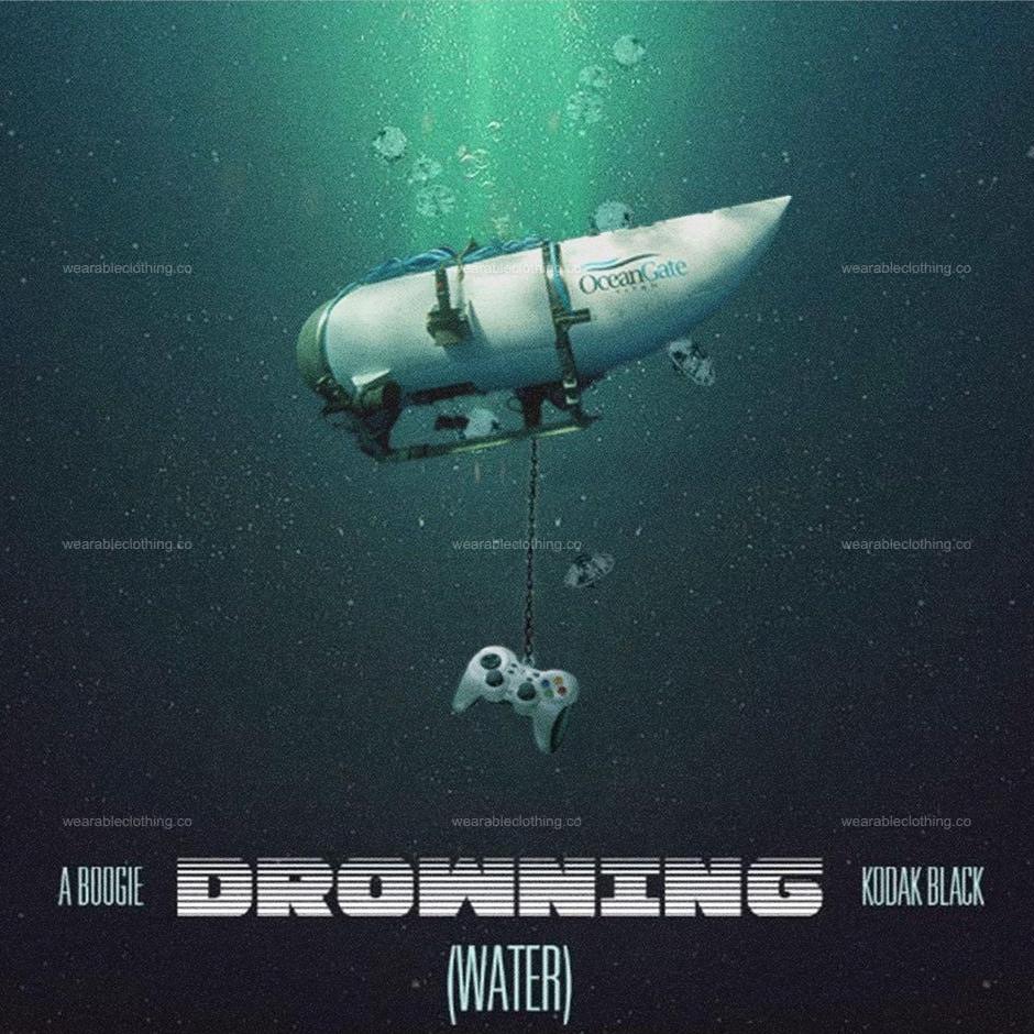 Black T-shirt with an OceanGate submarine drowning at sea on the Drowning album cover