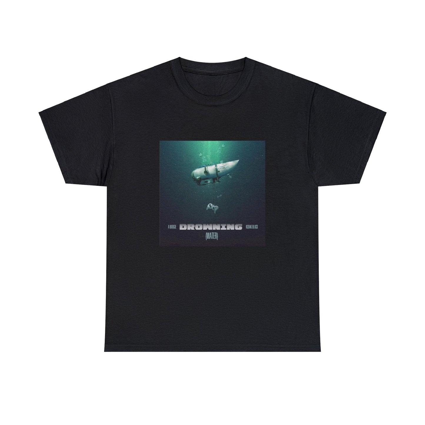 Black T-shirt with an OceanGate submarine drowning at sea on the Drowning album cover