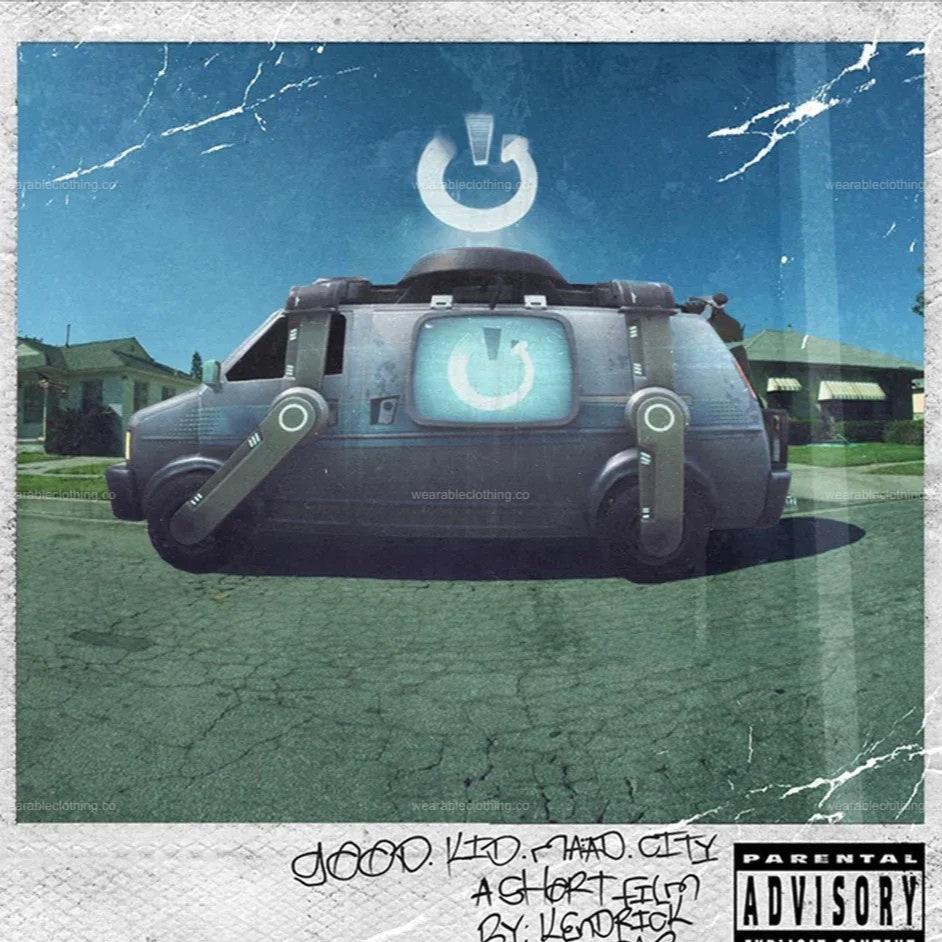 Black T-shirt with Fortnite’s reboot van on the Good Kid, M.A.A.D City album cover