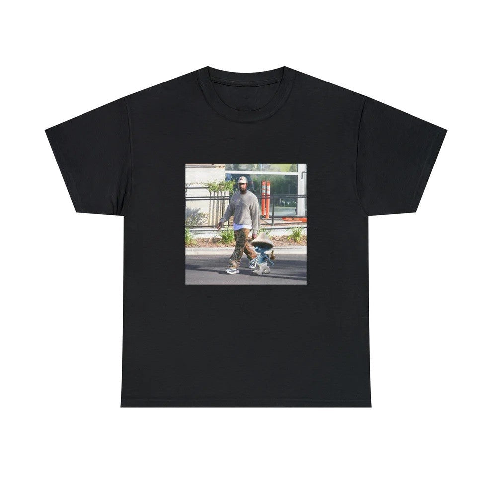 Black T-shirt with Kanye West standing beside a Smurfcat