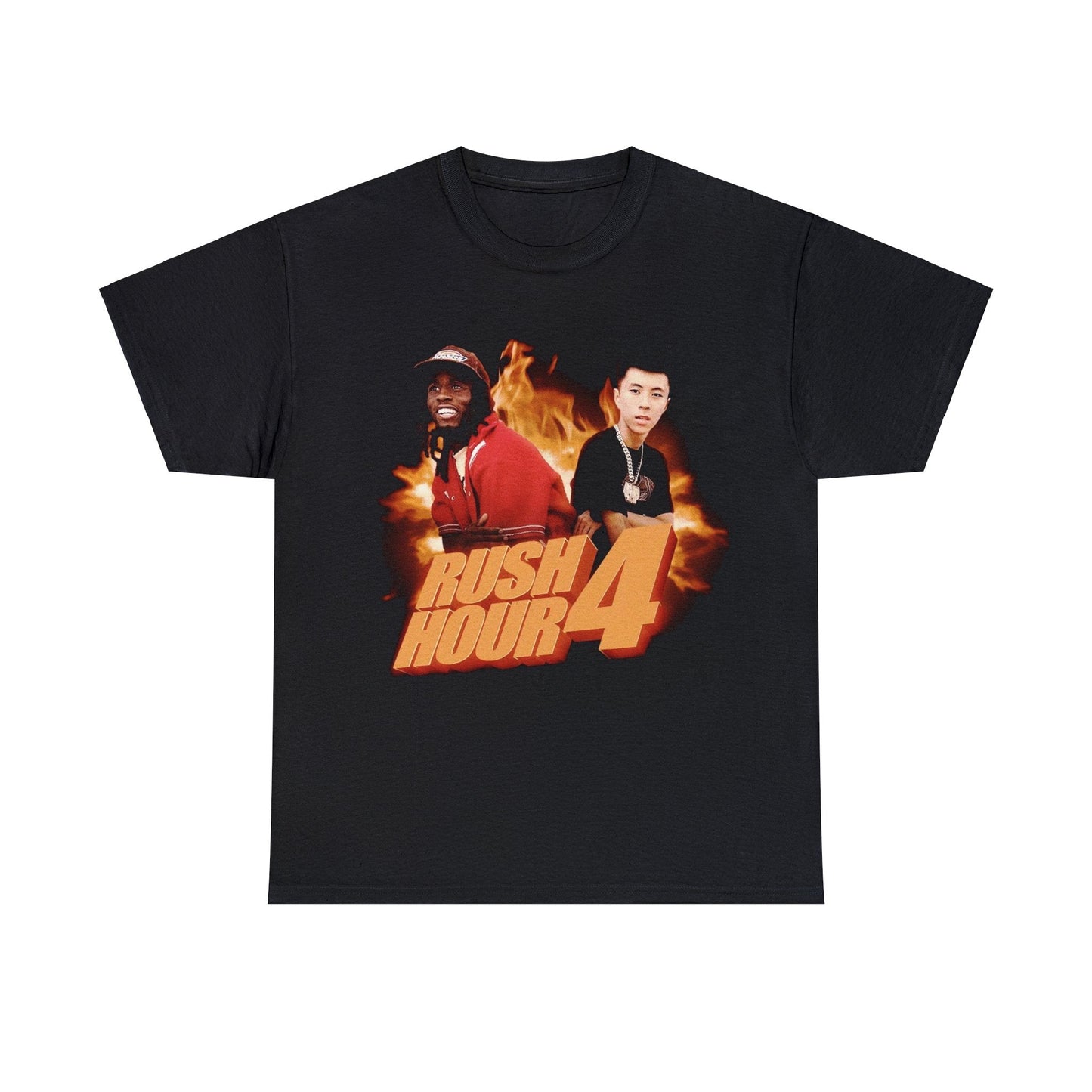 Black T-shirt with the Rush Hour 4 movie poster, but instead of Jackie Chan and Chris Tucker, it features Kai Cenat and his friend Ray