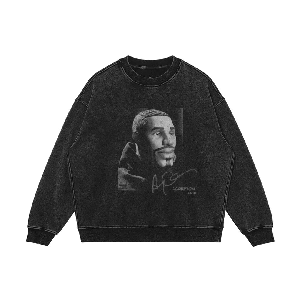 Crewneck with Fortnite’s default character on the cover of Drake’s Scorpion studio album
