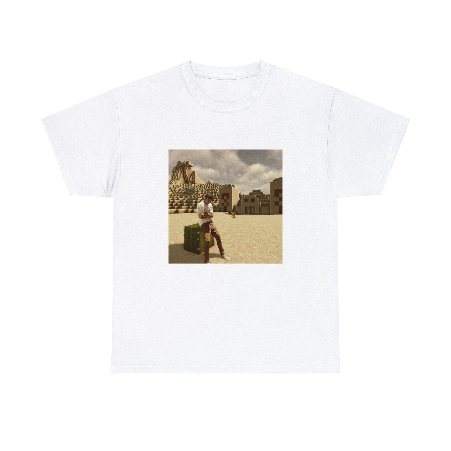 T-shirt with Travis Scott in a desert, with a Minecraft temple behind him