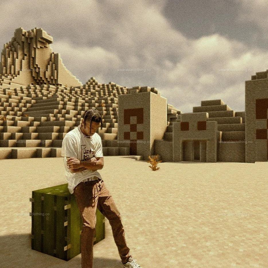 T-shirt with Travis Scott in a desert, with a Minecraft temple behind him