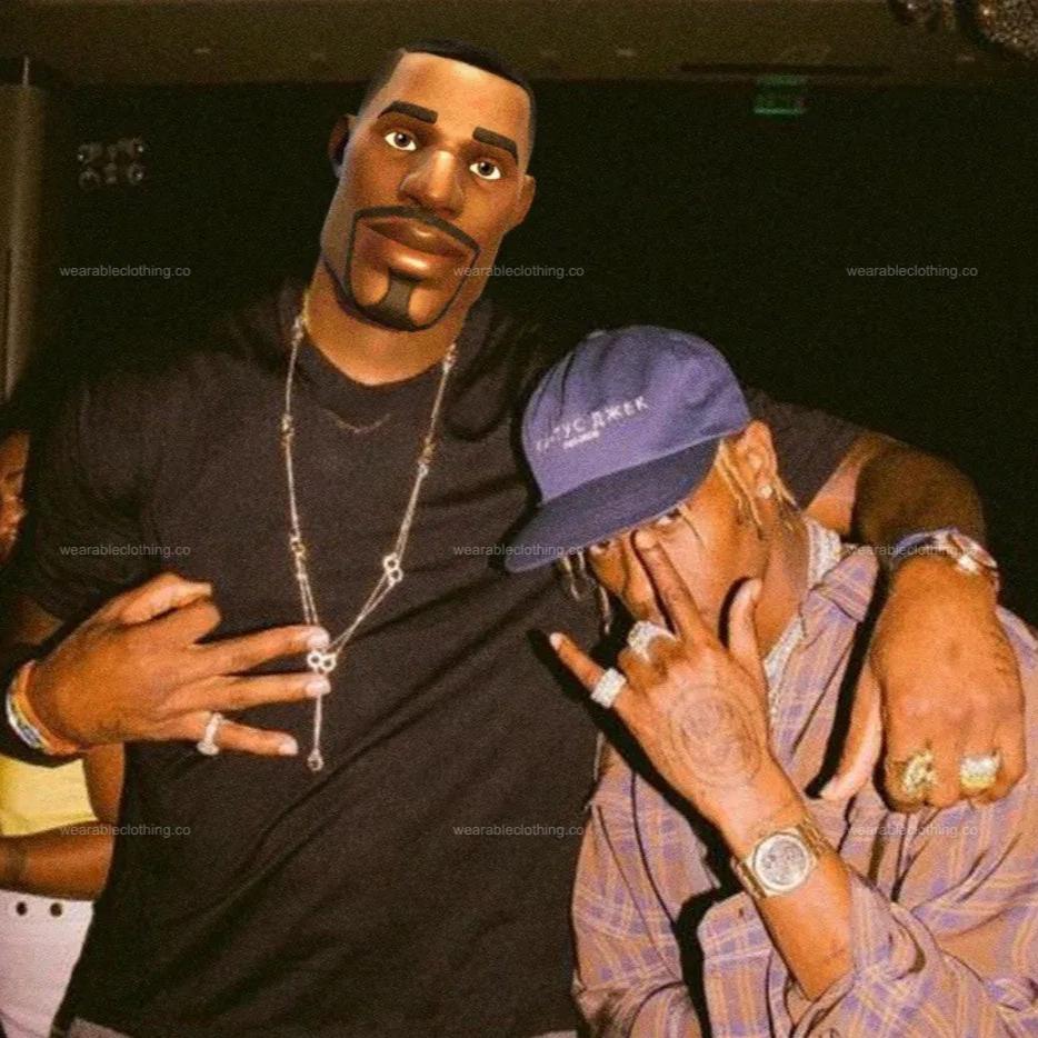Black T-shirt with Fortnite’s default character and LeBron James in a picture with Travis Scott