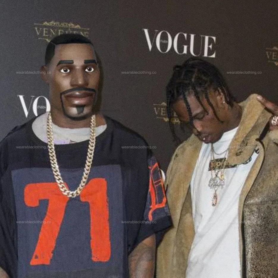 Black T-shirt with Fortnite’s default character alongside Travis Scott