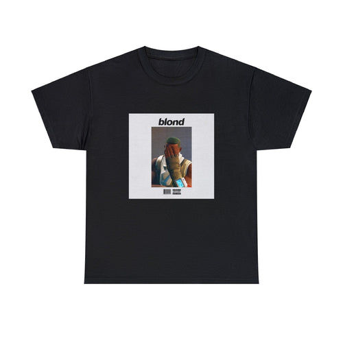 Black T-shirt with Fortnite's default character Sydney replacing Frank Ocean on the iconic Blond album cover.