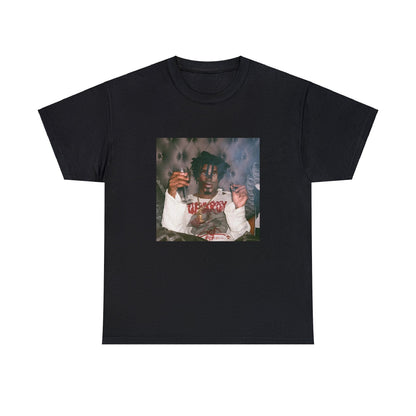 Graphic of Fortnite’s Sydney character replacing Playboi Carti in a photo, holding a blunt and a drink.