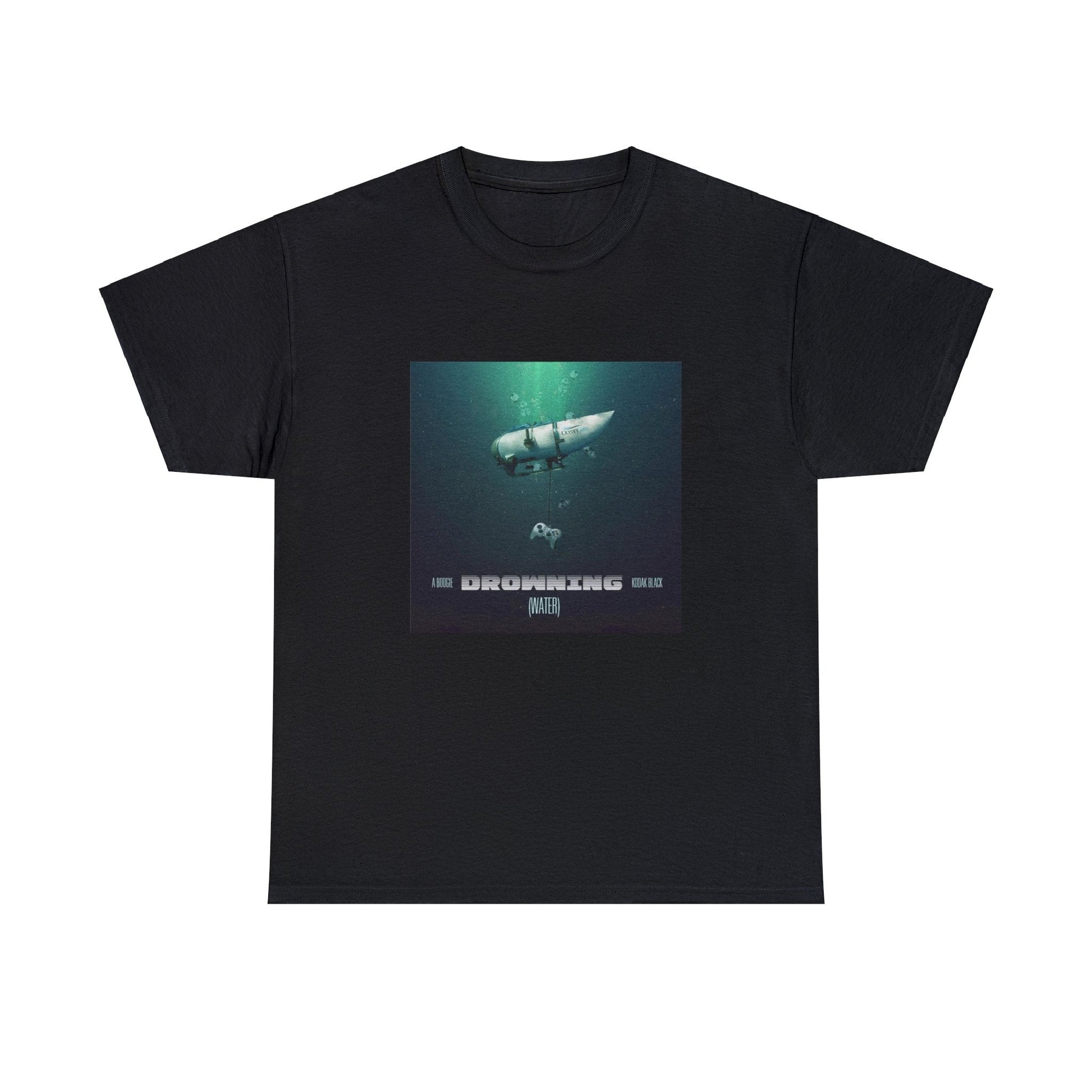 Black T-shirt with an OceanGate submarine drowning at sea on the Drowning album cover