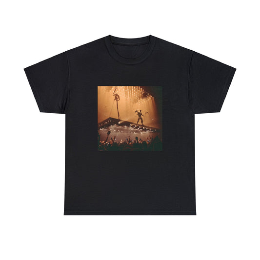 Black T-shirt with Fortnite’s default character replacing Kanye West on a concert stage