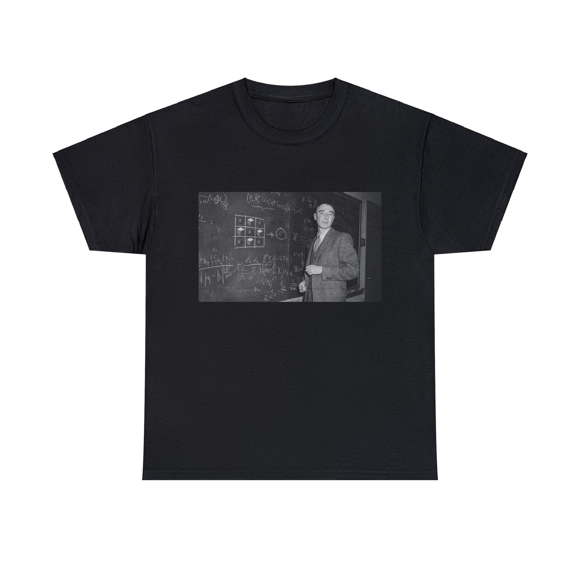 Black T-shirt with Oppenheimer explaining on a class board, with Minecraft elements.