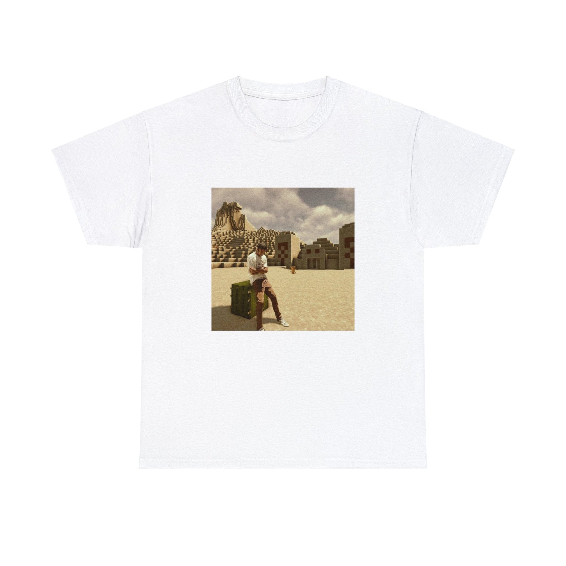 T-shirt with Travis Scott in a desert, with a Minecraft temple behind him